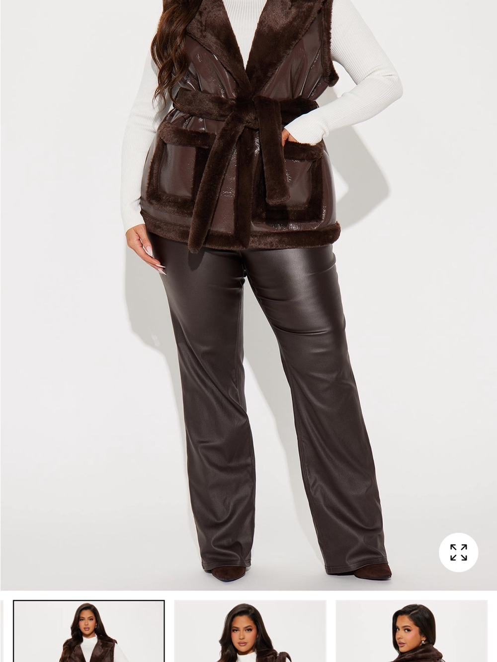 Fashion Nova Dark Brown Faux Fur-Trim Belted Vest